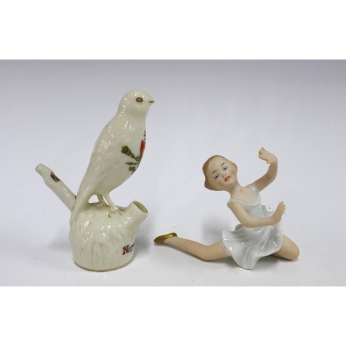 108 - Norwich Warbler Arcadian crested ware bird whistle, 12cm, together with a Continental porcelain ball... 