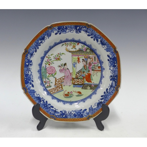 112 - Chinese Export octagonal plate with underglaze blue and white border and painted with three  figures... 