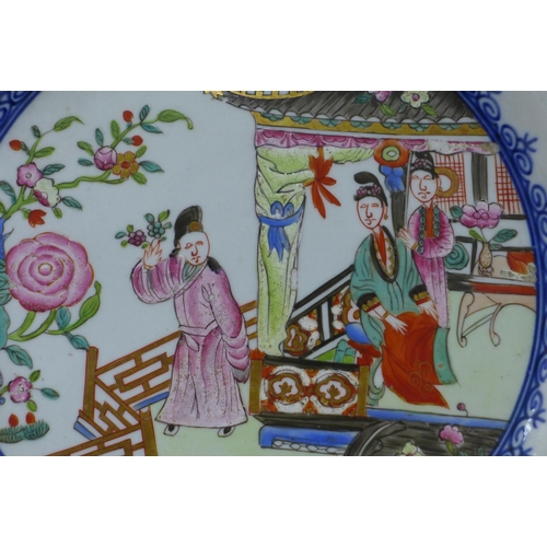 112 - Chinese Export octagonal plate with underglaze blue and white border and painted with three  figures... 