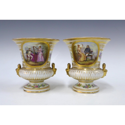 121 - Pair of Sevres style campagna vases with painted figures, 17cm (2)