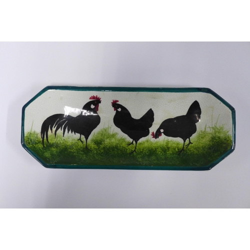 125 - Wemyss Ware, Robert Heron & Son, black cockerel with hens comb tray, 24.5 x 9.5cm, together with a s... 