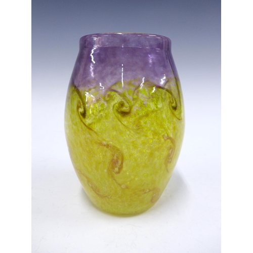 127 - Monart art glass vase, yellow and purple swirled pattern, 20cm