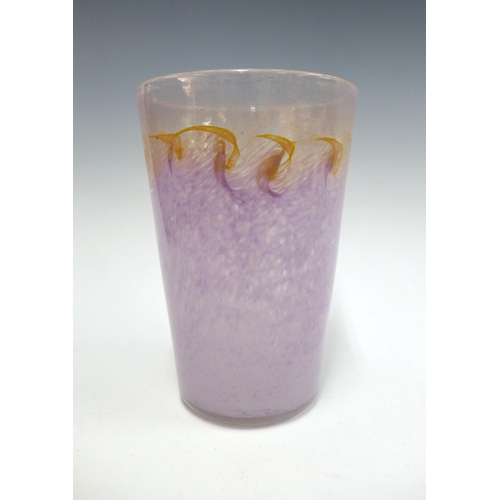 129 - Monart art glass vase, purple and yellow colourway, with original paper label inscribed OE-VI, 22cm