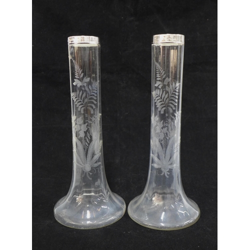 131 - Pair of fern etched glass bud vases with silver collars, 23cm (2)