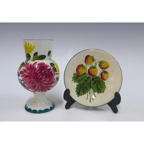 133 - Wemyss chrysanthemum vase, 15cm, with a repaired rim chip, together with a Wemyss strawberry dish (2... 