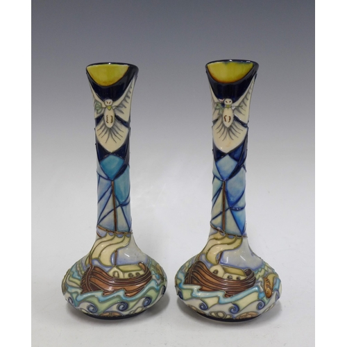 134 - Pair of Moorcroft Noah's Ark - Winds of 
Change, tubeline decorated vases by Rachel Bishop, 20cm, si... 