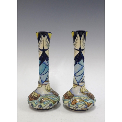 134 - Pair of Moorcroft Noah's Ark - Winds of 
Change, tubeline decorated vases by Rachel Bishop, 20cm, si... 