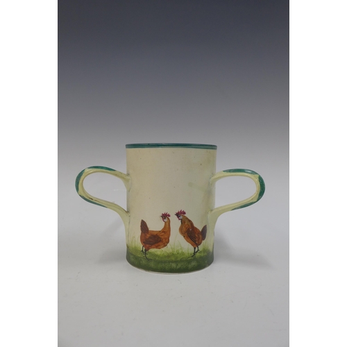 137 - Wemyss Ware, Robert brown cockerel and hens tyg mug, a/f with restorations, 14cm