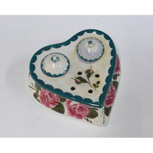 138 - Wemyss Ware handpainted cabbage rose pattern  inkwell with covers, heart shaped, 18 x 8cm