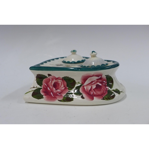 138 - Wemyss Ware handpainted cabbage rose pattern  inkwell with covers, heart shaped, 18 x 8cm