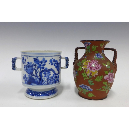 149 - Chinese blue and white two handled vase, together with a floral terracotta vase, 15cm (2)