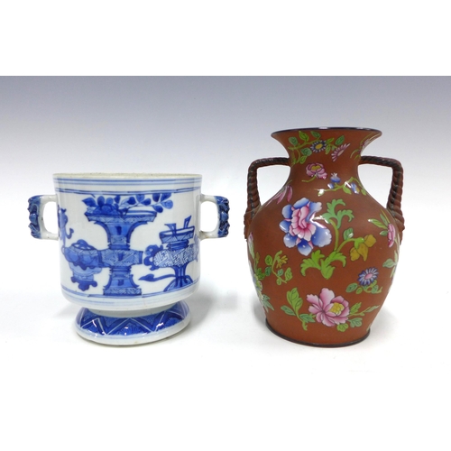 149 - Chinese blue and white two handled vase, together with a floral terracotta vase, 15cm (2)