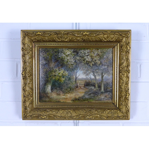 153 - Untitled rural landscape oil on board, apparently unsigned, in an ornate gilt frame, 26 x 19cm