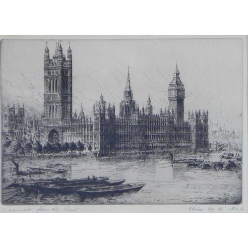 163 - W MONK, Westminster from the river, etching, pencil signed and titled, framed under glass, 25 x 17cm