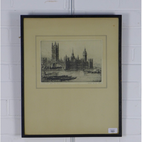 163 - W MONK, Westminster from the river, etching, pencil signed and titled, framed under glass, 25 x 17cm