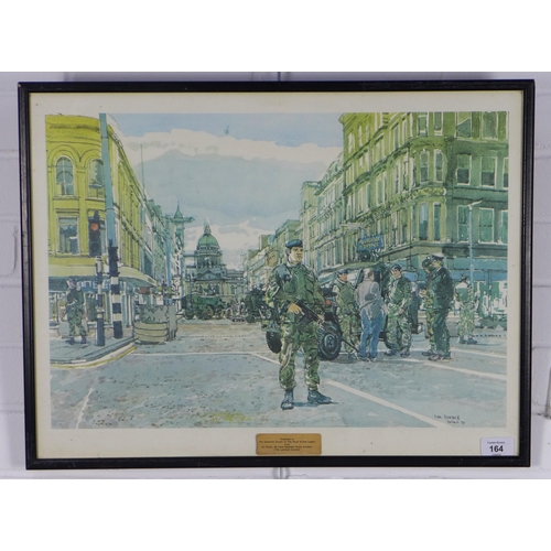 164 - KEN HOWARD, coloured print of Belfast in 1975, framed under glass, 60 x 45cm