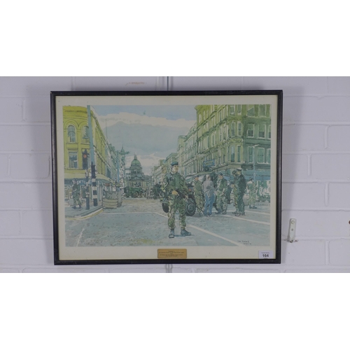 164 - KEN HOWARD, coloured print of Belfast in 1975, framed under glass, 60 x 45cm