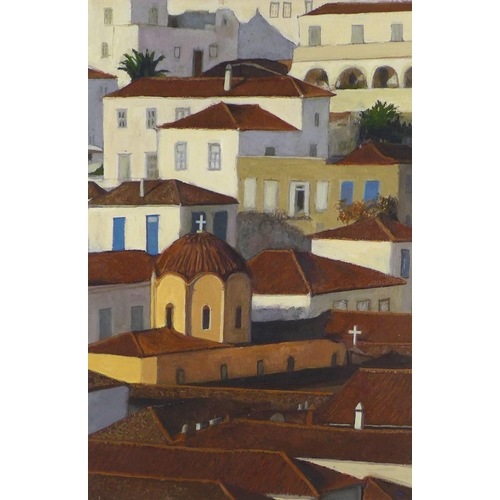 172 - Untitled oil on board of Greek Rooftops, possibly Syros, apparently unsigned, framed, 36 x 54cm