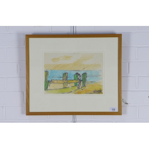 175 - JOHN BRATBY RA (1928-1992) WINCHESTER BEACH BREAKWATER, signed pastel, framed under glass, 29 x 21cm