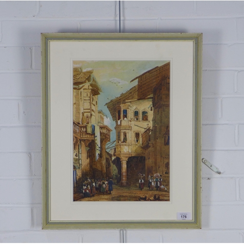 176 - Manner of SAMUEL PROUT (1738 - 1852) Untitled Continental Street Scene, watercolour, framed under gl... 