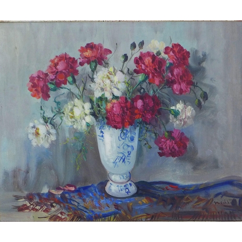 180 - MARTIN, CARNATIONS, still life oil on canvas, in an ornate frame, 50 x 40cm