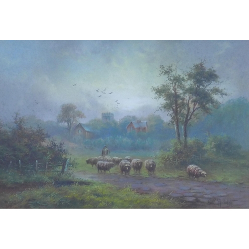 182 - Untitled pastoral scene, pastel, signed indistinctly, framed under glass, 55 x 36cm