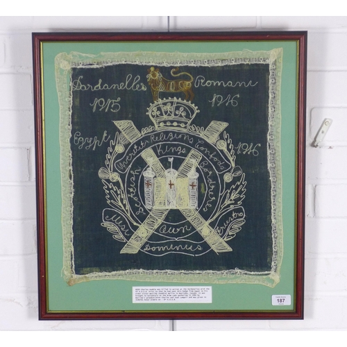 187 - KINGS OWN SCOTTISH BORDERS interest, framed needlework dated 1915 / 1916, framed under glass with a ... 