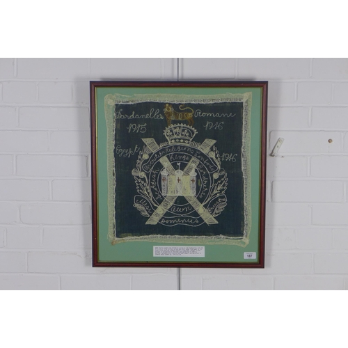 187 - KINGS OWN SCOTTISH BORDERS interest, framed needlework dated 1915 / 1916, framed under glass with a ... 