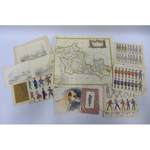 200 - Folio box containing a Robert Morden map of Bark Shire, various unframed prints and sketches, ( a lo... 