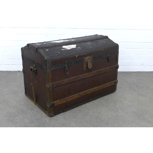 208 - Wooden and metal bound dome top trunk, (a/f) 77 x 53 x 46cm.