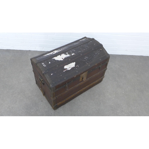 208 - Wooden and metal bound dome top trunk, (a/f) 77 x 53 x 46cm.