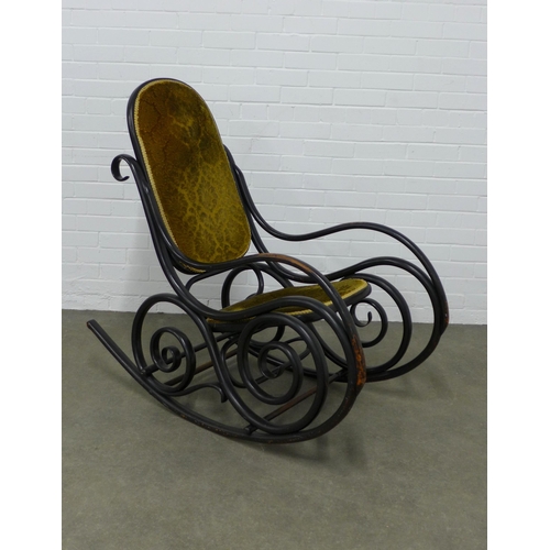 210 - Early 20th century Thonet bentwood rocking chair, ebonised with upholstered back and seat,  57 x 112... 