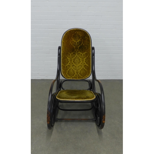 210 - Early 20th century Thonet bentwood rocking chair, ebonised with upholstered back and seat,  57 x 112... 