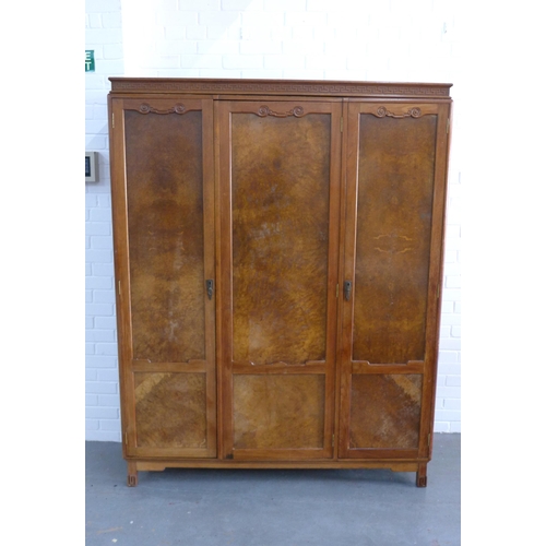 217 - Wylie & Lochhead of Glasgow burr walnut wardrobe in the chinoiserie style with greek key frieze over... 