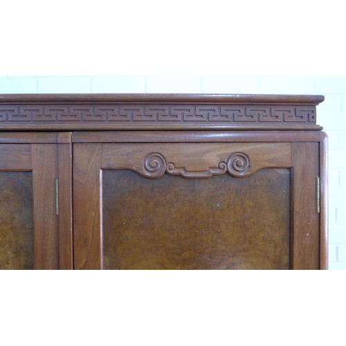 217 - Wylie & Lochhead of Glasgow burr walnut wardrobe in the chinoiserie style with greek key frieze over... 