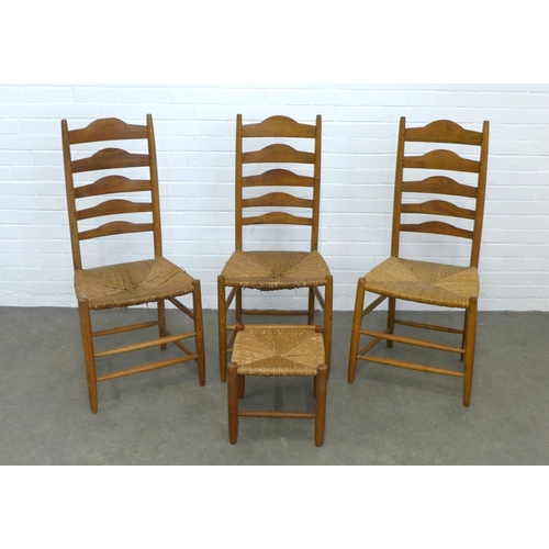 218 - Manner of Ernest Gimson three 'Clissett' type side chairs and a stool, 46 x 106 x 42cm.