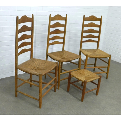 218 - Manner of Ernest Gimson three 'Clissett' type side chairs and a stool, 46 x 106 x 42cm.