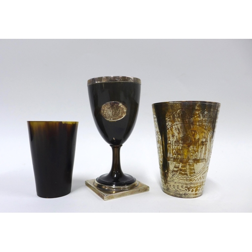 29 - White metal mounted horn goblet on a square base together with a horn beaker and an engraved silver ... 