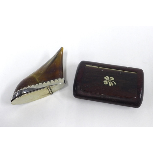 37 - A white metal mounted horn snuff box together with a wooden snuff box with inlaid white metal clover... 