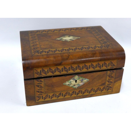 374 - Marquetry, walnut and mother of pearl inlaid writing slope, interior a/f, 30 x 15cm