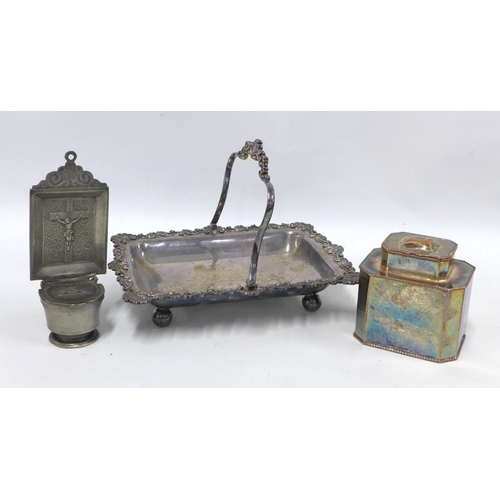 376 - Silver plate on copper tea caddy, a swing handled  basket and a pewter wall hanging font 3)