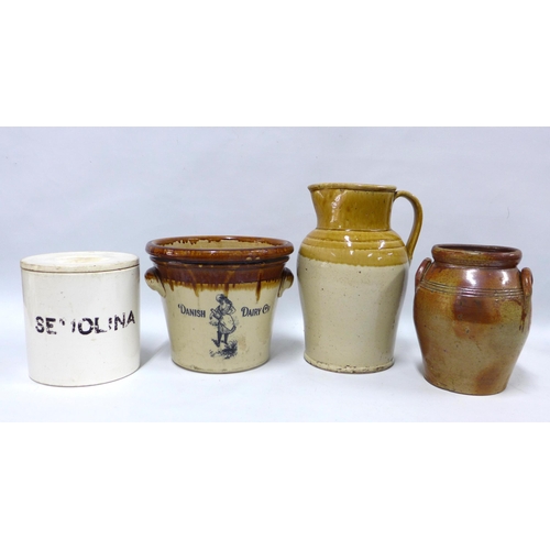 386 - Danish Dairy Co butter crock , a salt glazed jar, stoneware jug, 32cm, together with two and a semol... 