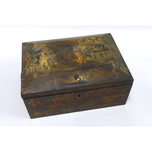 391 - Chinoiserie painted jewellery box, with ormolu handles, paper lined interior and lift out tray with ... 