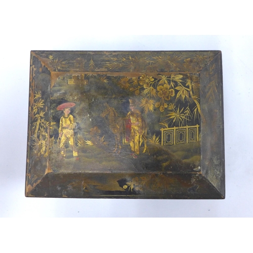 391 - Chinoiserie painted jewellery box, with ormolu handles, paper lined interior and lift out tray with ... 