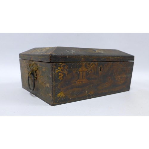 391 - Chinoiserie painted jewellery box, with ormolu handles, paper lined interior and lift out tray with ... 