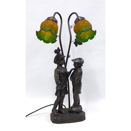 395 - Crosa figural table lamp with two children, with Tiffany style orange and green tulip glass shades, ... 