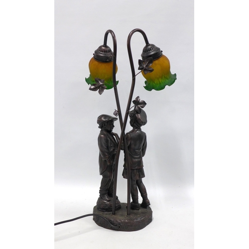 395 - Crosa figural table lamp with two children, with Tiffany style orange and green tulip glass shades, ... 