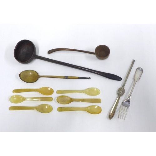 40 - Epns lobster pick, silver mounted horn spoon, treen ladle and another smaller ladle and a group of j... 