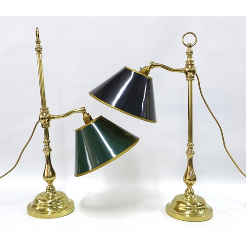 407 - Pair of Christopher Wray brass finish table lamps with adjustable arm, one bent, 62cm (2)