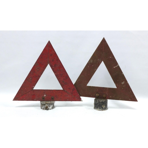 413 - Two vintage metal reflective red warning triangles on stands, worn, taller 46cm (2)